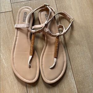Guess Tan Gold T-Strap Sandals
